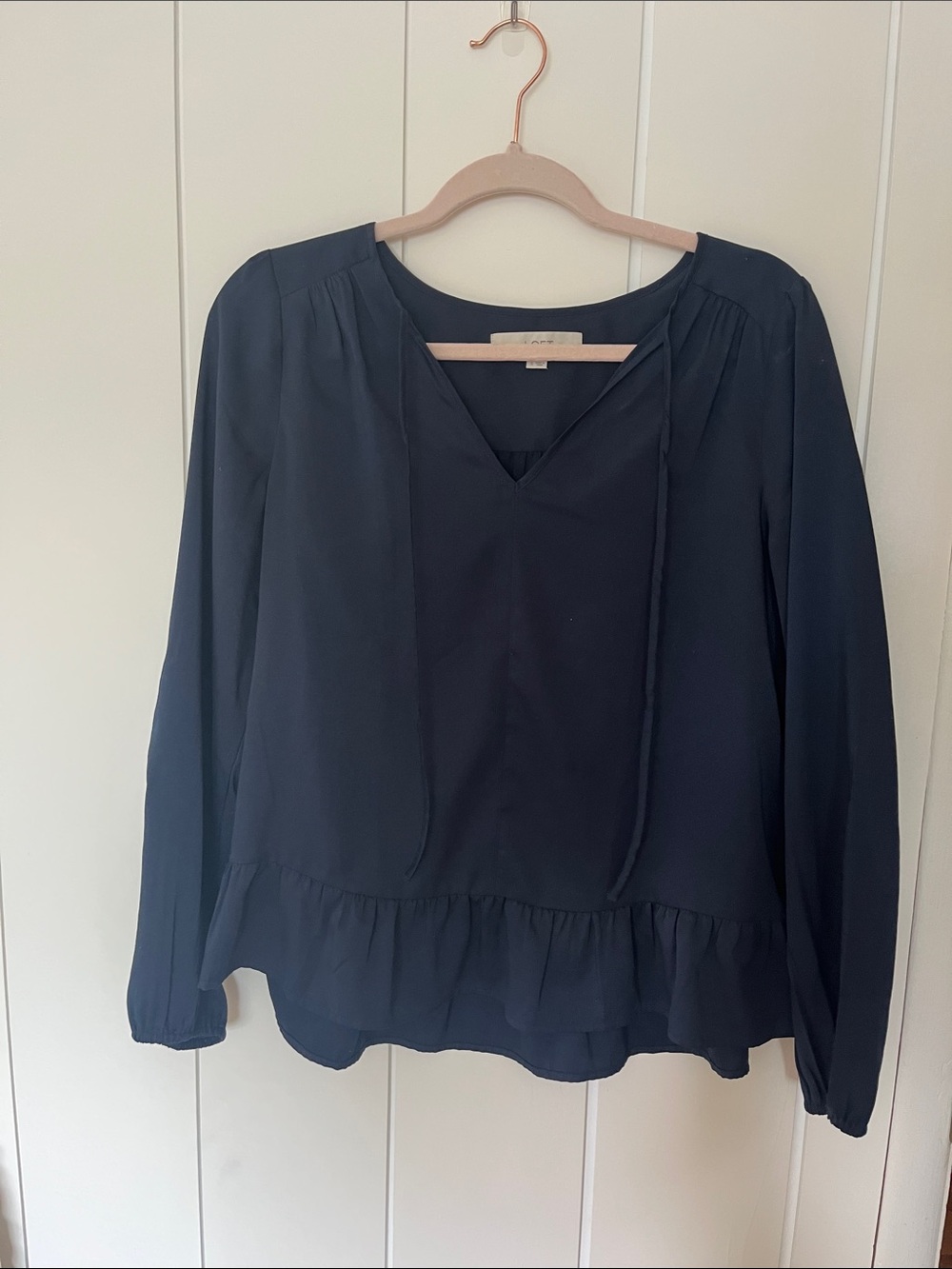 LOFT Navy Long-Sleeve V-Neck Ruffle Hem Blouse